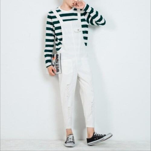 2021 Spring New Men White Bib Pants Water Wash Elastic Hole Bodysuit Teenage Casual Pants Trousers Nightclub Tide Costumes