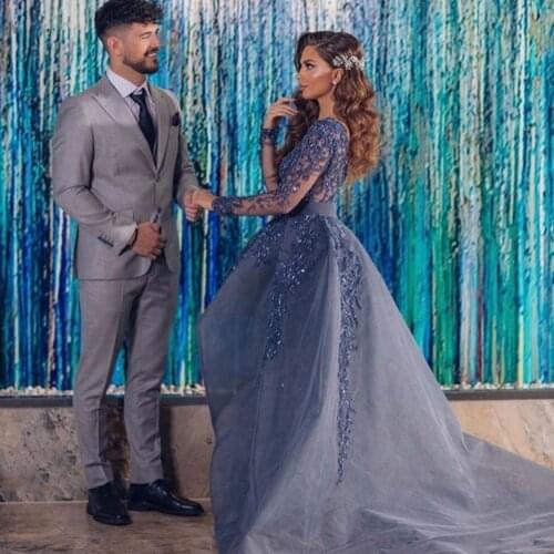 Princess Navy Blue Crystal Beaded Prom Dresses Full Sleeves Lace Vintage Prom Gowns Double V-neck Formal Dresses