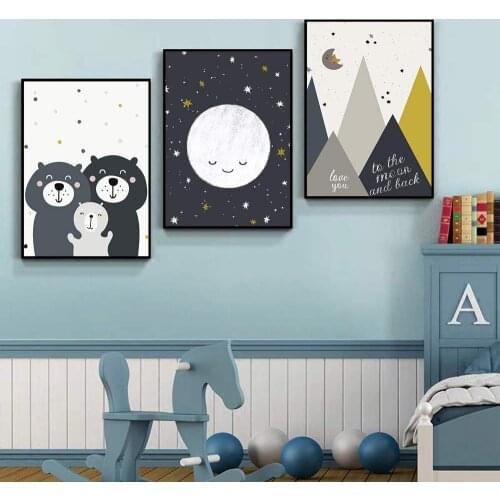 Nordic Animal Art Print Posters Wall Art Canvas Painting Bears Family Baby Star Moon Nursery Mountain Pictures Kids Room Decor