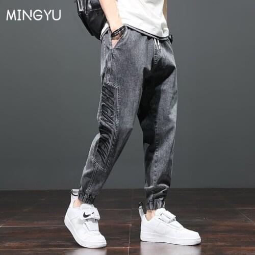 Spring Summer Cotton Mens Harlan jeans Text embroidery Brand Clothing Baggy Elastic Waist Grey Blue Trousers Male M-3 4XL