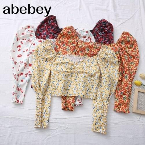 2021 New Spring Summer Sweet and versatile Floral Print Chiffon shirt pleated slim short Puff Sleeve Shirt Top