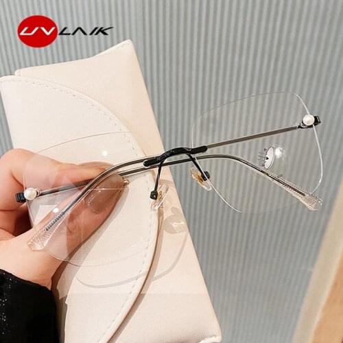 UVLAIK Rimless Pearl Square Glasses Women Computer Anti Blue Light Eyeglasses Frames Female Frameless Prescription Eyewear
