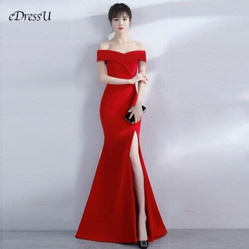 Off Shoulder Evening Dress Red Mermaid Party Dress Slit Burgundy Maxi Dress Formal Vestido de Fiesta Robe de Soiree YNY-8642