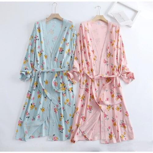 Spring Cotton Waffle Kimono Bathrobe Long Sleeve Knitted Robe Housewear Womens Sleep Tops Plus Size Sleep Wear Dressing Gown