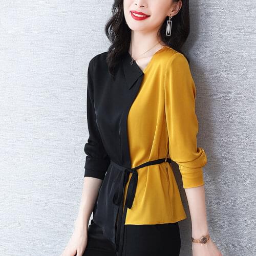 Chiffon Patchwork Women Shirts Summer New Asymmetrical Long-Sleeved Slim Elegant Office Lady Outwear Tops