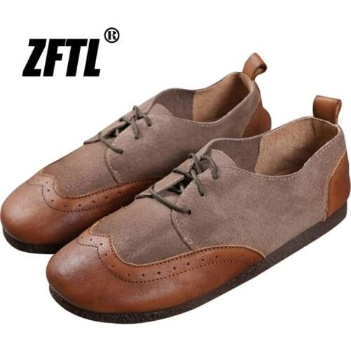 ZFTL Ladies handmade Vintage shoes Genuine Leahter Women Flat shoes female Retro stitching lace-up shoes Lolita shoes Loafers