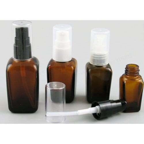 200 x 10ml 15ml 35ml 50ml 100ml Square Amber Glass Lotion Pump Bottle Brown Glass Containers With pump Clear White Black Pump