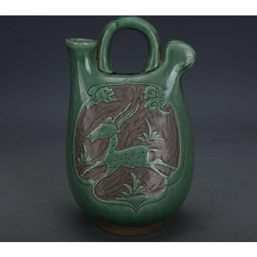 Antique SongDynasty Cizhou kiln green black color engraved deer porcelain warm pot,Home Decoration collection & adornment1903