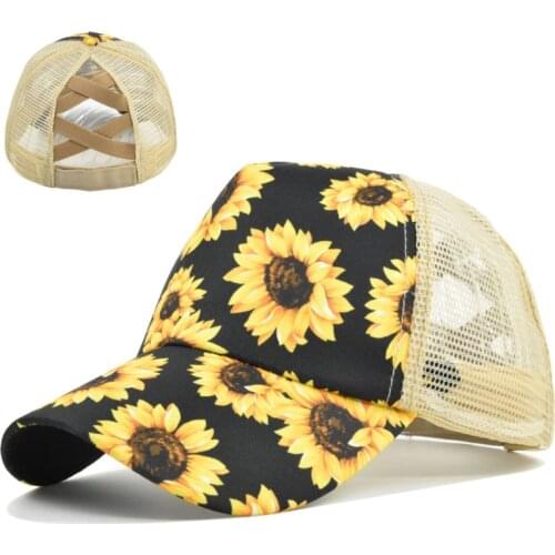 2021 New Sunflower Rainbow Stripes Baseball Cap Mesh Hollow Criss Cross Ponytail Dad Hat