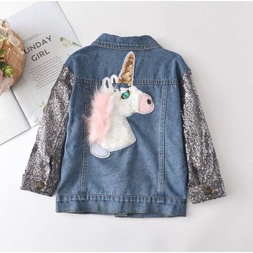 Kids Jean Jackets For Girls Fashion Spring Autumn Sequined Long Sleeve Outerwear Cartoon Horse Applique Denim Jacket Coat Tops