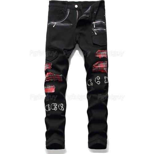 Mens Jeans Zipper Patch Red Scottish Plaid Print Jeans High Street Slim Denim Pants Cool Fashion Streetwear Male Rivet Jeans