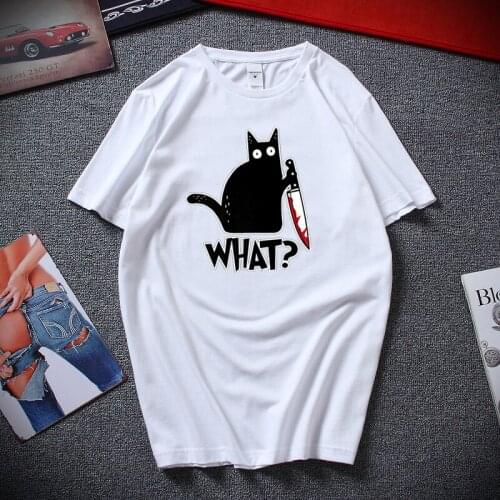Cat What T Shirt Murderous Cat With Knife Funny Gift T-Shirt Unisex Top Cotton Short sleeve Tee shirt homme
