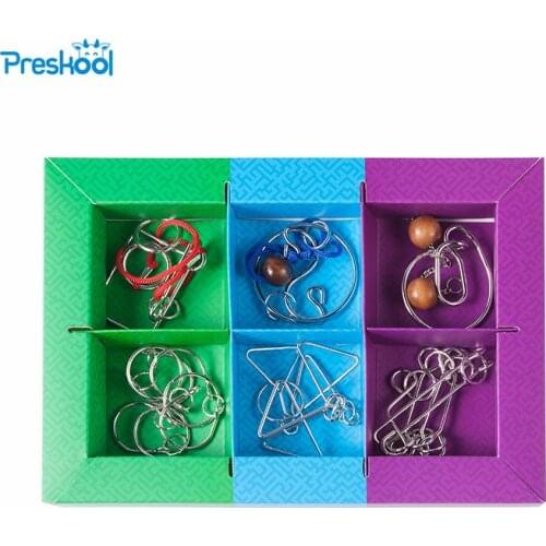 Brain Teaser Toy 1 Lot=6 PCS Test Mind Game Metal Magic Trick China Traditional Puzzle Baguenaudier Rings Cardans Suspension