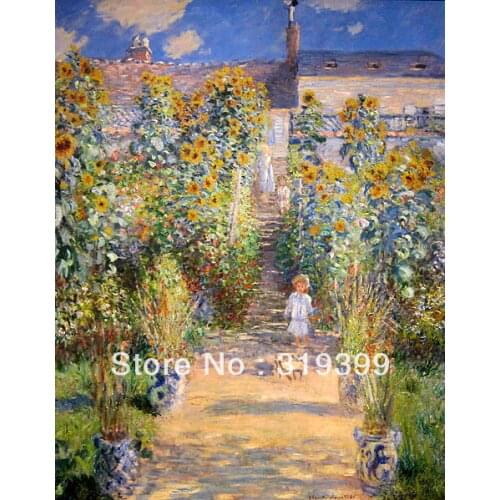 Linen canvas Oil Painting Reproduction,The Artists Garden at Vetheuil by claude monet,handmade,Free Shipping,museum Quality