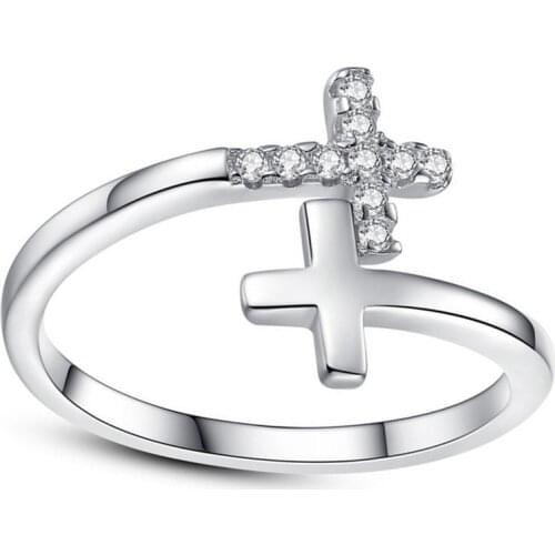 UFOORO 925 Sterling Silver Classic Cross Rings Crystal Engagemen Jewelryt For Women Girls Party Valentines Bague Bijoux Gifts