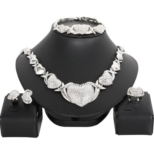 NEW African Beads Jewelry Set Silver Plated Wedding Jewelry Sets For Brides Crystal Heart Necklace Earrings Costume Jewelry Set
