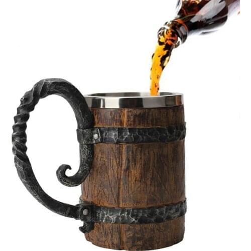 550ml Simulation Wooden Mug Barrel Double Layer Beer Stainless Steel Drinking Cup Coffee Drinkware Handcrafted Whiskey Glass