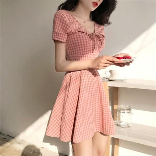 Summer Women Sexy Sweet Lace Up Slim Bow Short Sleeve V Neck Fashion Female Print Dresses