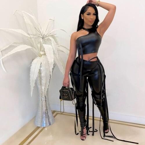 Summer Faux Leather Two Piece Set Clubwear Bandage Bodycon Crop Top Flare Pants Set Sexy Club Outfits for Women Festival Clothes