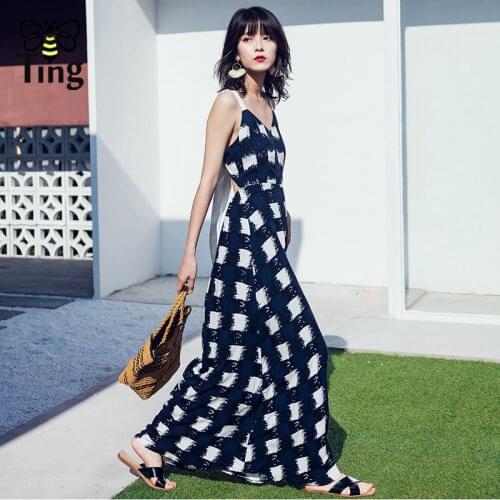 Tingfly Sexy Backless Bow Tie Maxi Dress Women Elegant Long Party Dresses Casual Bohemian Plaid Holiday Dresses Vestidos Designe