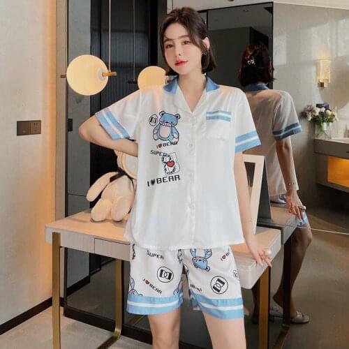 2021 New Women Sleepwear Silk 2 Pcs Satin Set Short Sleeve Casual Soft Pajamas Suit Female Cartoon Bear Printed Homewear Lounge