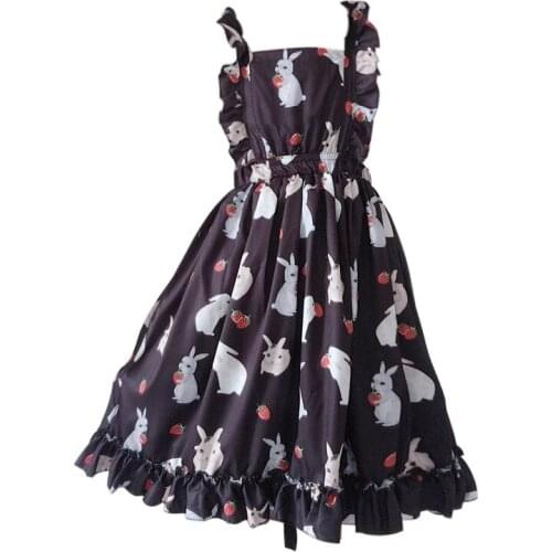 Black&Pink Bunny Strawberry Printed Suspender Dress Japanese Soft Sister JSK Pretty Girl Lovely Kawaii Students Young Dresses