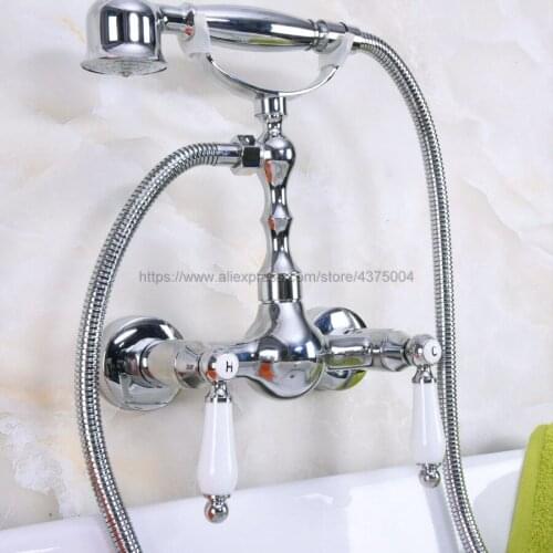 Polished Chrome Wall Mounted Bathroom Faucet With Hand Held Shower Head Bathroom Shower Faucet Set Mixer Tap Nna212