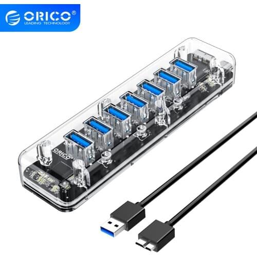 ORICO Transparent Series USB HUB 7 4 Port USB 3.0 Splitter with Dual Micro USB Power Interface Support OTG For Mac/Windows/Linux