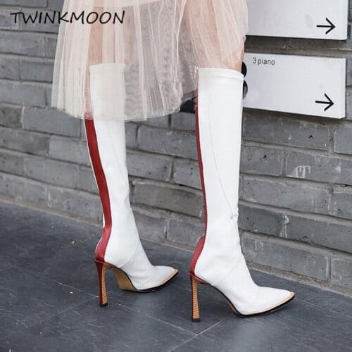 Womens High Boots Stretch Sheepskin Patent Leather Knee High Boots Point Toe Zip Back Sexy Designer Color Blocked Womens Boot