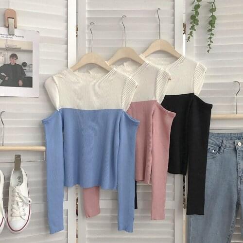 Patchwork Off The Shoulder Striped Sweater Jumpers Sueter Mujer Pullover Full Sleeve Tops Streetwear Tees Female Clothing