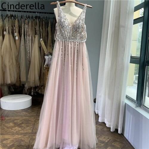 Crystal Prom Dresses Hand Made V-Neck Sleeveless Sweep Train Tulle Prom Dresses With Zipper Back vestidos de fiesta de noche