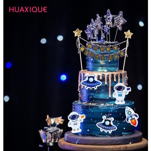 Space Rocket Themed Party Decoration Spaceship Cupcake Toppers Cartoon Astronaut Outer Space Party Birthday Cake Decoration
