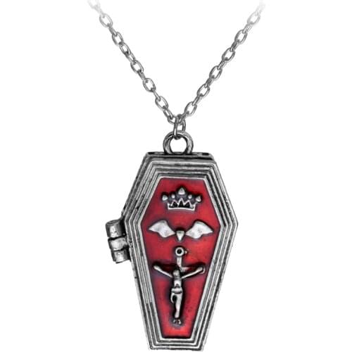 Vampire Hallowee Bat Cross Open Box Coffin Casket Red Enameled Pendent Charm Necklace Vintage Punk Cool Vampire Jesus Jewelry