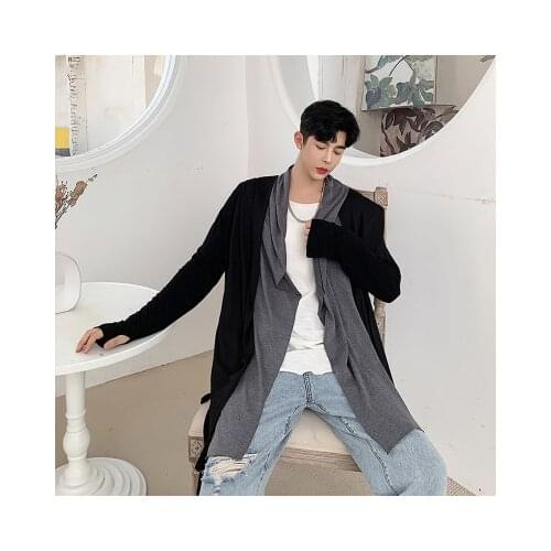 Spring new dark South Korean version of mens medium-length false two hooded windbreaker hairdresser trend men Cardigan jacket