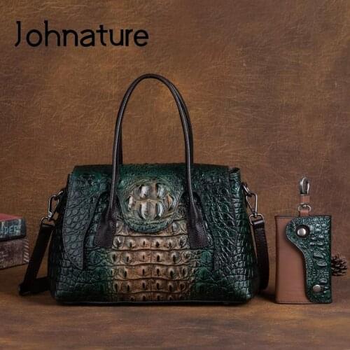 Johnature Retro Crocodile Pattern Genuine Leather Women Bag 2021 New Fashion Luxury Handbag Nature Cowhide Shoulder Bags