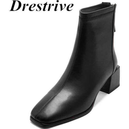 Drestrive Women Aankle Boots Elastic Pu Leather Zipper Square Toe 2021 Classics Winter Shoes Black Big Size 42 Thick High Heels