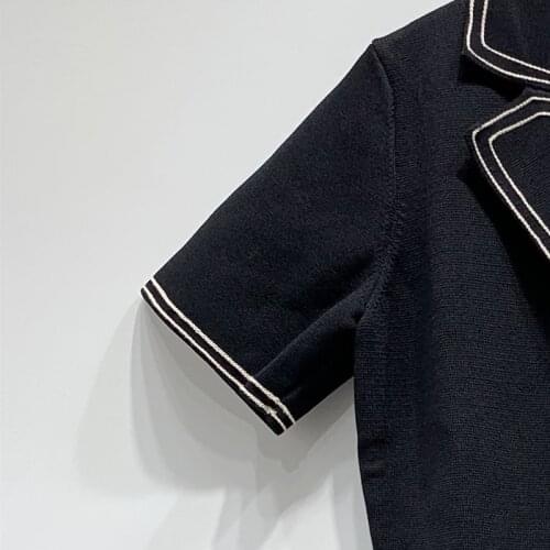 Women Dresses Summer Short Sleeve V-Neck Mini Turndown Collar Striped A-Line Elegant High Street Chic Office Lady S