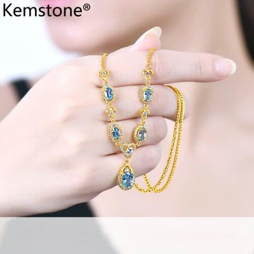 Kemstone Pear Shape Water Drop Blue Zircon Copper Gold Color Pendant Necklace Elegant Women Female Jewelry