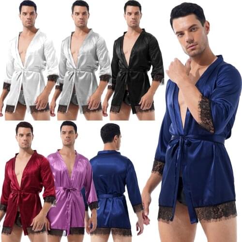 Plus Size Satin Bathrobe Men Sleepwear Waist Long Sleeve Open Front Sleepwear Lace Trim Belted Kimono Night-Robe Sissy Nightwear