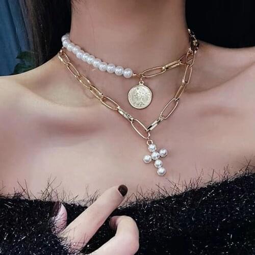 Elegant White Simulated Round Pearl Choker Necklace For Women Cross Heart Pendant Boho Layer Bead Chain Wedding Jewelry Gift