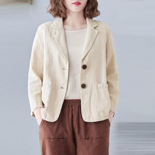 Johnature Women Casual Cotton Linen Short Jackets Solid ColorThree Quarter Sleeve Coats 2021 Spring New Pockets Suit Jacket