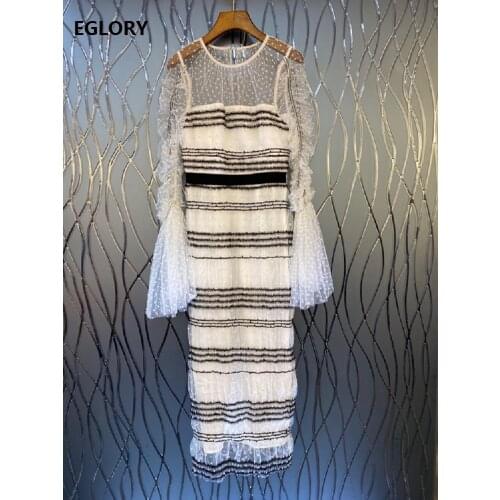 Top Quality New 2021 Spring Evening Party Vestido Women Polka Dot Mesh Striped Print Patchwork Flare Sleeve Bodycon Dress Outfit