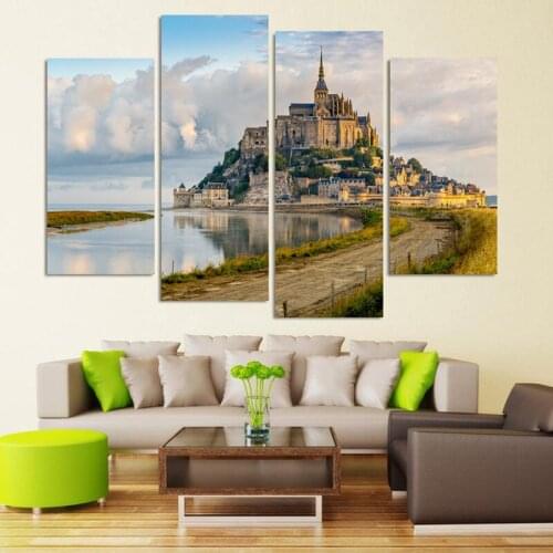2016 New Fashion No Frame 4 Piece Seaside Castle Landscape Canvas Print Oil Painting Home Decor Wall Art Picture For Living Room