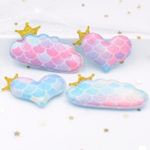 Glitter Powders Crown Stick on Heart/Cloud Applique Mermaid Scale Iridescence Fabric Padded Patches for DIY Craft Hair Decor F86