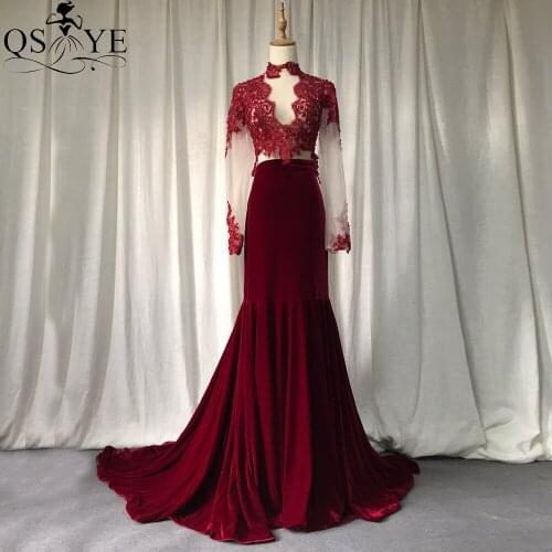 Burgundy Red Evening Dress Velvet Long Sleeves Lace Party Dress Long Tail Mermaid Formal Dress High Neck Long Sleeves Women