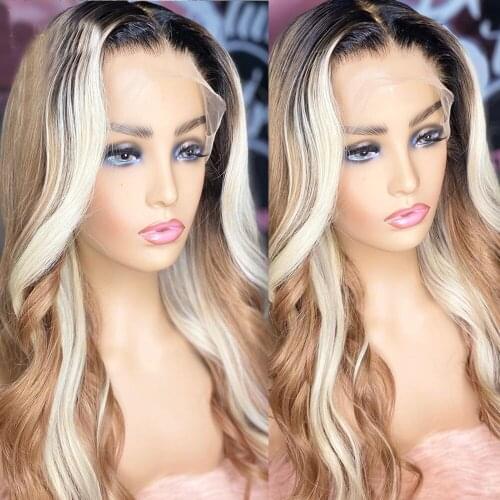 Brazilian 613 Highlight Blonde Wavy Long 13*4 Lace Front Human Hair Wigs with Baby Hair 180Density Highlight Grey Blonde Remy