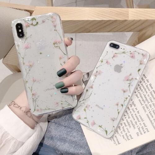 Real Dry Flower Glitter Clear Phone Case For iPhone 12 Mini 11 12 Pro Max X XR XS Max 6 6S 7 8 Plus SE 20 Sakura Phone Case Full