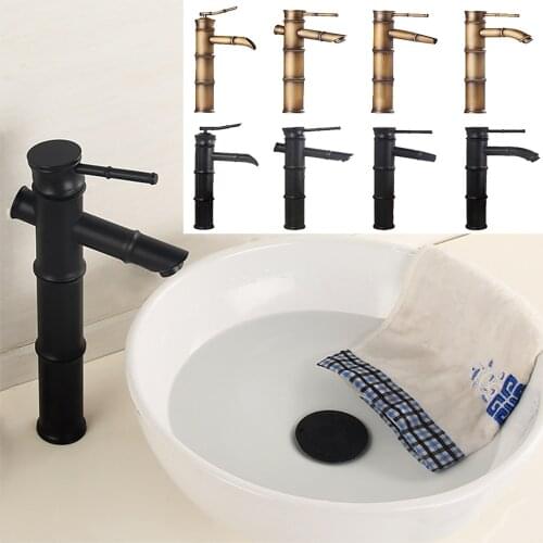 Black Brass Waterfall Bathroom Sink Faucet Vessel Tall Bamboo Water Tap Retro Single Hole Basin Faucets