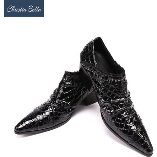 Christia Bella Mens Fashion Luxury Brand Designer Dress Shoes Black High Heels Wedding and Party Oxfords Shoes Plus Size 38-47