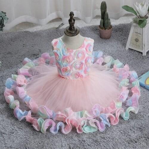 Baby Children Rainbow Dresses Flower Girl Ball Gowns Summer Tulle Dresses Casual Wedding Party Kids Clothes 2 4 6 8 10 12 Yrs